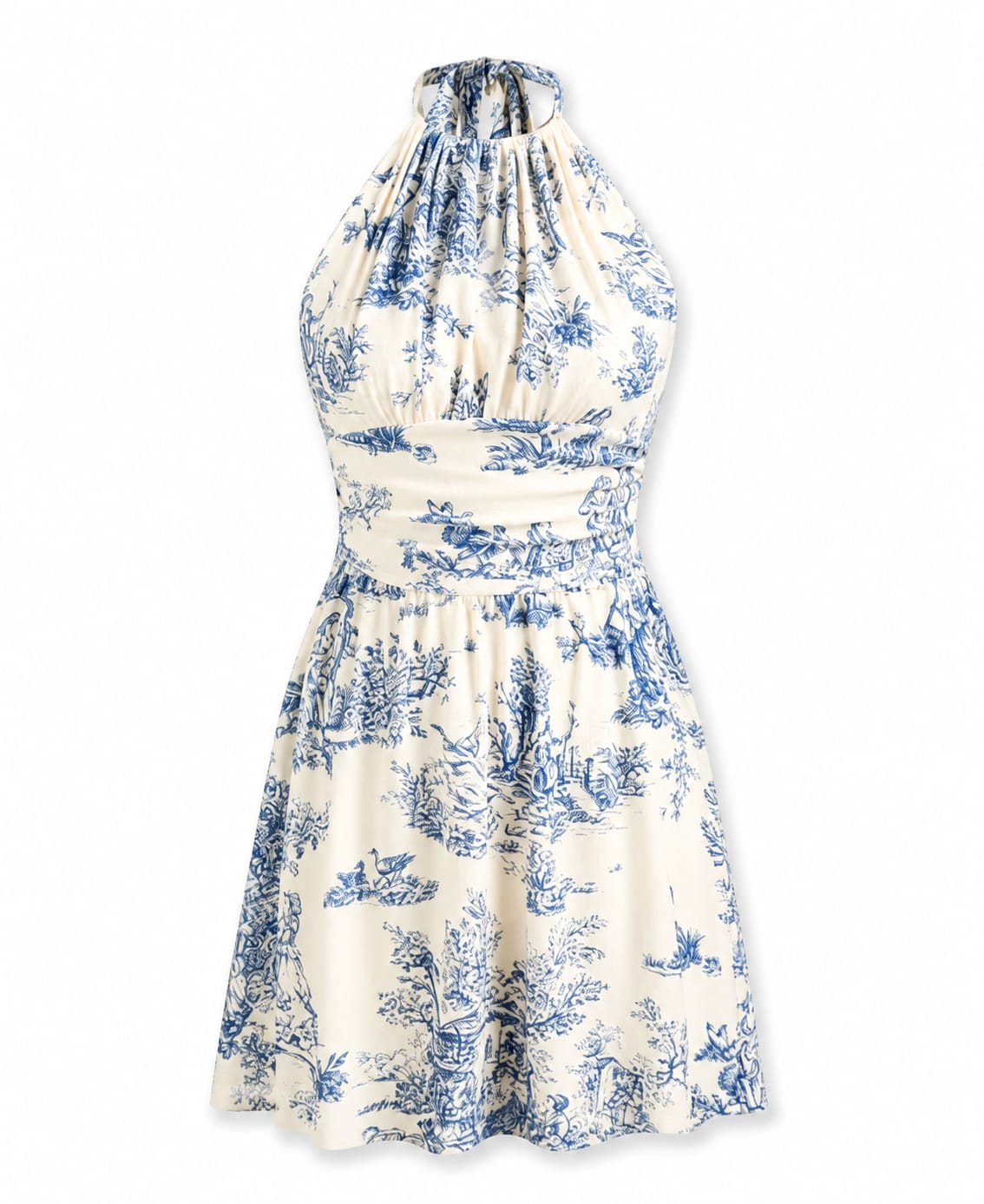 Women's Blue & White Floral Halter Neck Fit & Flare Dress - Image 2