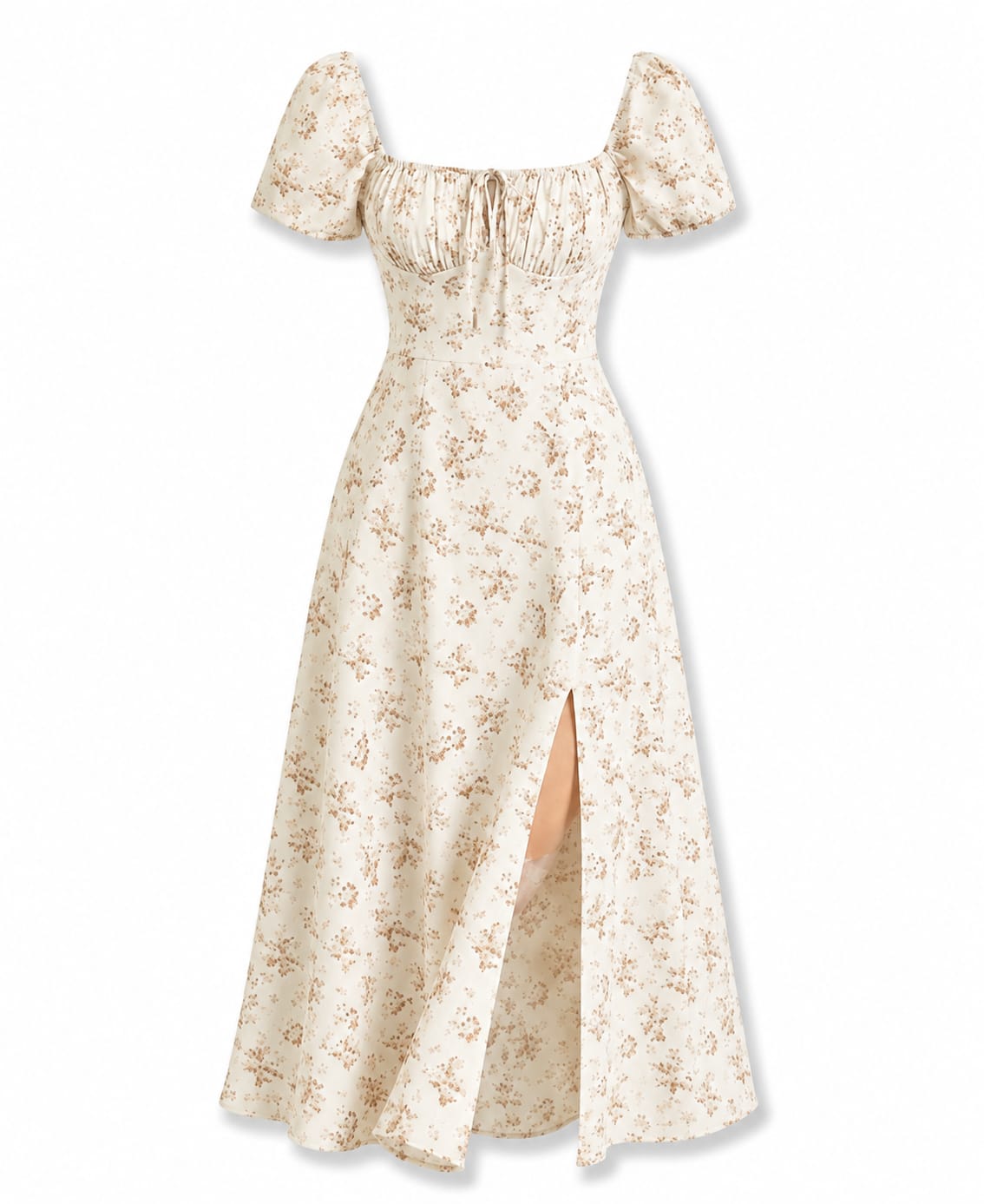Women's Floral Puff Sleeve Midi Dress with Side Slit - Image 2