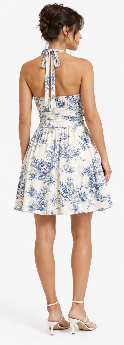 Women's Blue & White Floral Halter Neck Fit & Flare Dress - Image 4