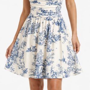 Women's Blue & White Floral Halter Neck Fit & Flare Dress