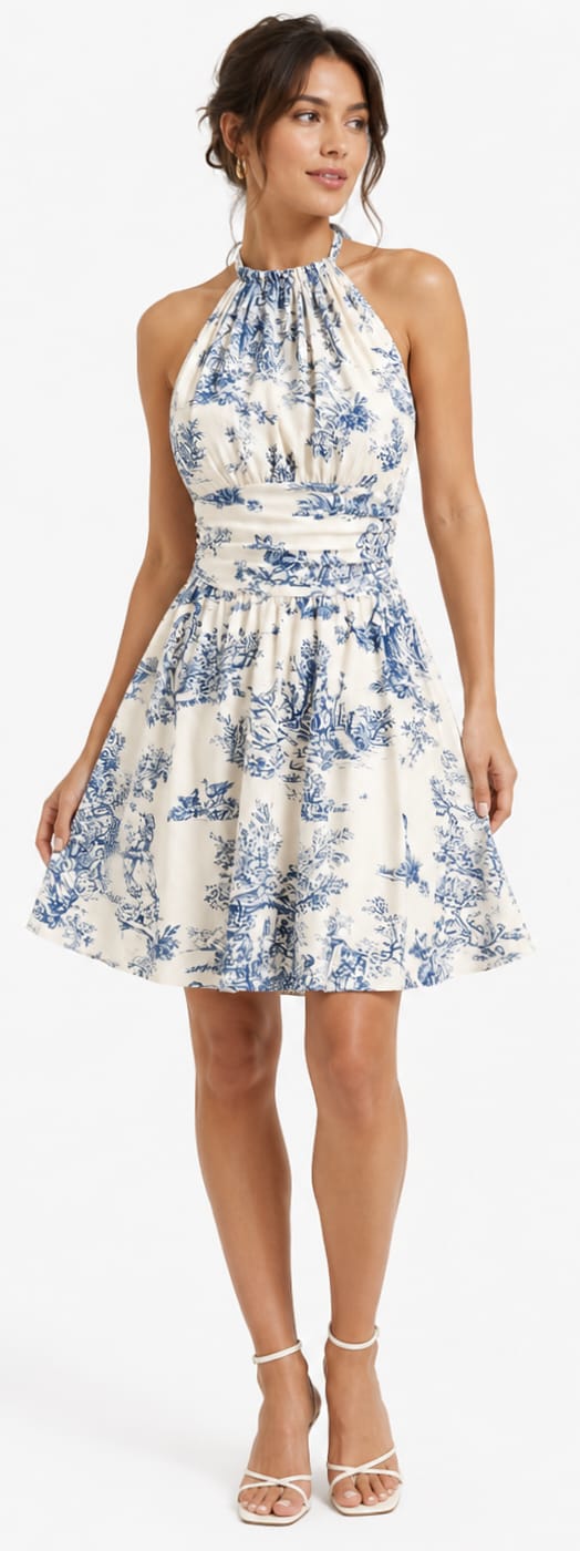 Women's Blue & White Floral Halter Neck Fit & Flare Dress