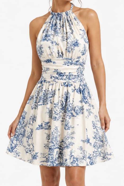 Women's Blue & White Floral Halter Neck Fit & Flare Dress - Image 3