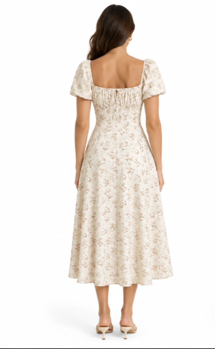 Women's Floral Puff Sleeve Midi Dress with Side Slit - Image 4