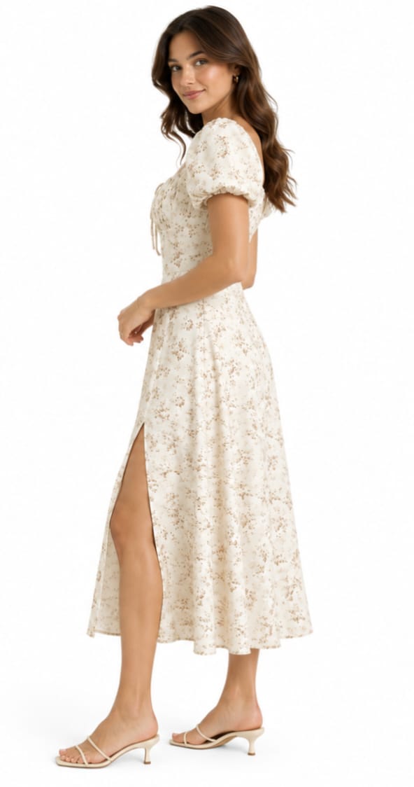 Women's Floral Puff Sleeve Midi Dress with Side Slit - Image 3