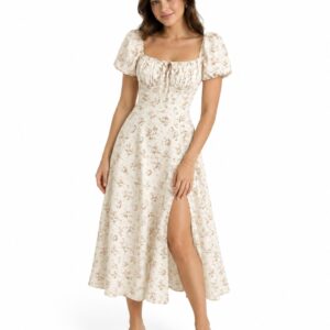 Women's Floral Puff Sleeve Midi Dress with Side Slit